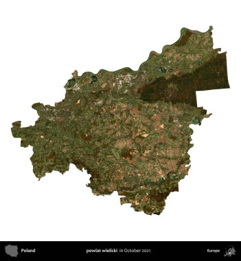 powiat wielicki. Polonya idari bölgesi, Ekim 2021 'de çekilen Kopernik Nöbetçi karolarından oluşan bir uydu görüntüsü üzerinde beyaza izole edildi.