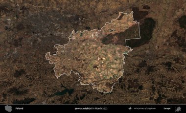 powiat wielicki. Polonya 'nın idari alanı, Mart 2022' de çekilen Kopernik Nöbetçi karolarından oluşan koyu renkli bir uydu görüntüsü üzerine vurgulandı ve özetlendi.
