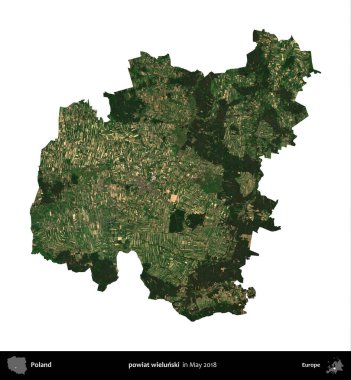 powiat wielunski. Polonya 'nın idari bölgesi, Mayıs 2018' de çekilen Kopernik Nöbetçi Fayanslarından oluşan bir uydu görüntüsü üzerinde beyaza izole edildi.