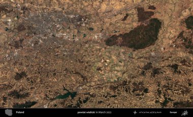 powiat wielicki. Copernicus Sentinel 'in Mart 2022' de çekilmiş uydu görüntüsü üzerine Polonya 'nın idari bölgesi.