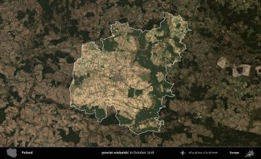 powiat wielunski. Polonya 'nın idari alanı, Ekim 2018' de çekilen Kopernik Nöbetçi karolarından oluşan koyu renkli bir uydu görüntüsü üzerine vurgulandı ve özetlendi
