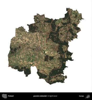 powiat wielunski. Polonya idari bölgesi, Nisan 2020 'de çekilen Kopernik Nöbetçi karolarından oluşan bir uydu görüntüsü üzerinde beyaza izole edildi.