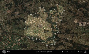 powiat wielunski. Polonya 'nın idari alanı, Nisan 2020' de çekilen Kopernik Nöbetçi karolarından oluşan koyu renkli bir uydu görüntüsü üzerine vurgulandı ve özetlendi
