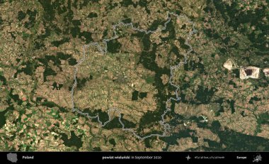 powiat wielunski. Eylül 2020 'de çekilen Kopernik Nöbetçi karolarından oluşan bir uydu görüntüsü üzerine Polonya' nın idari bölgesinin ana hatlarını çizdim.
