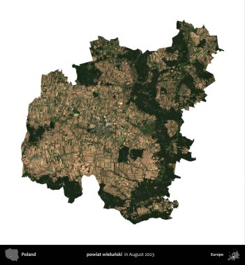 powiat wielunski. Polonya idari bölgesi, Ağustos 2023 'te çekilen Kopernik Nöbetçi karolarından oluşan bir uydu görüntüsü üzerinde beyaza izole edildi.