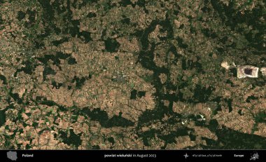 powiat wielunski. Copernicus Sentinel 'in Ağustos 2023' te çekilmiş uydu görüntüsü üzerine Polonya 'nın idari bölgesi.