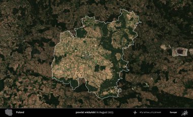 powiat wielunski. Polonya 'nın idari alanı, Ağustos 2023' te çekilen Kopernik Nöbetçi karolarından oluşan koyu renkli bir uydu görüntüsü üzerine vurgulandı ve özetlendi.
