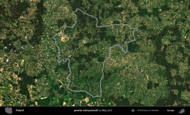 powiat wieruszowski. Mayıs 2017 'de çekilen Kopernik Nöbetçi karolarından oluşan bir uydu görüntüsü üzerine Polonya' nın idari bölgesinin ana hatlarını belirledik.