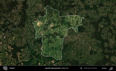 powiat wieruszowski. Polonya 'nın idari alanı, Mayıs 2017' de çekilen Kopernik Nöbetçi karolarından oluşan koyu renkli bir uydu görüntüsü üzerinde vurgulandı ve özetlendi.