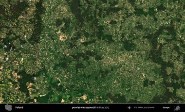 powiat wieruszowski. Copernicus Sentinel 'in Mayıs 2017' de çekilmiş uydu görüntüsü üzerine Polonya 'nın idari bölgesi.
