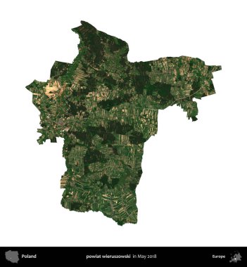 powiat wieruszowski. Polonya 'nın idari bölgesi, Mayıs 2018' de çekilen Kopernik Nöbetçi Fayanslarından oluşan bir uydu görüntüsü üzerinde beyaza izole edildi.