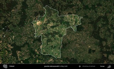powiat wieruszowski. Polonya 'nın idari alanı, Mayıs 2018' de çekilen Kopernik Nöbetçi karolarından oluşan koyu renkli bir uydu görüntüsüyle vurgulandı ve özetlendi