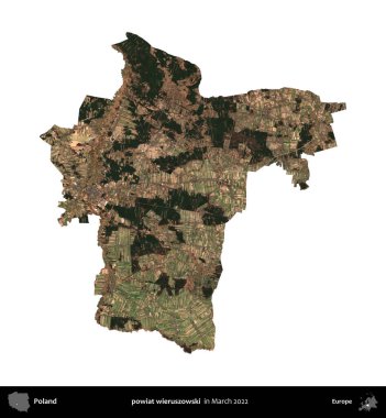 powiat wieruszowski. Polonya idari bölgesi, Mart 2022 'de çekilen Kopernik Nöbetçi karolarından oluşan bir uydu görüntüsü üzerinde beyaza izole edildi.