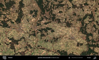 powiat wieruszowski. Copernicus Sentinel 'in Mart 2022' de çekilmiş uydu görüntüsü üzerine Polonya 'nın idari bölgesi.