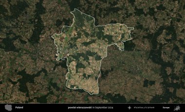 powiat wieruszowski. Polonya 'nın idari alanı, Eylül 2024' te çekilen Kopernik Nöbetçi karolarından oluşan koyu renkli bir uydu görüntüsü üzerine vurgulandı ve özetlendi