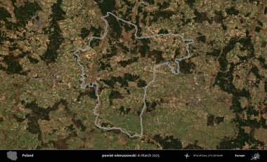 powiat wieruszowski. Polonya 'nın idari bölgesinin ana hatları, Mart 2025' te çekilen Kopernik Nöbetçi karolarından oluşan bir uydu görüntüsü üzerine çizildi.