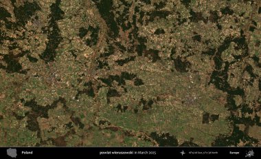 powiat wieruszowski. Copernicus Sentinel 'in Mart 2025' te çekilmiş uydu görüntüsü üzerine Polonya 'nın idari bölgesi
