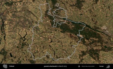powiat wloclawski. Polonya 'nın idari bölgesinin ana hatları, Mart 2025' te çekilen Kopernik Nöbetçi karolarından oluşan bir uydu görüntüsü üzerine çizildi.