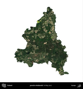 powiat wlodawski. Polonya idari bölgesi, Mayıs 2017 'de çekilen Kopernik Nöbetçi karolarından oluşan bir uydu görüntüsü üzerinde beyaza izole edildi.