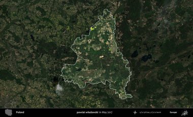 powiat wlodawski. Polonya 'nın idari alanı, Mayıs 2017' de çekilen Kopernik Nöbetçi karolarından oluşan koyu renkli bir uydu görüntüsü üzerinde vurgulandı ve özetlendi.
