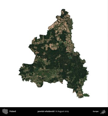 powiat wlodawski. Polonya idari bölgesi, Ağustos 2019 'da çekilen Kopernik Nöbetçi karolarından oluşan bir uydu görüntüsü üzerinde beyaza izole edildi.