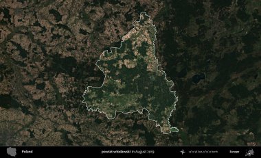 powiat wlodawski. Polonya 'nın idari alanı, Ağustos 2019' da çekilen Kopernik Nöbetçi karolarından oluşan koyu renkli bir uydu görüntüsü üzerine vurgulandı ve özetlendi.