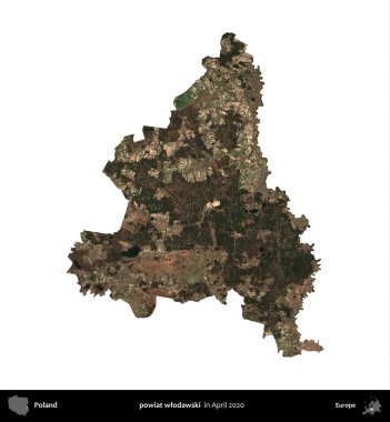 powiat wlodawski. Polonya idari bölgesi, Nisan 2020 'de çekilen Kopernik Nöbetçi karolarından oluşan bir uydu görüntüsü üzerinde beyaza izole edildi.