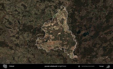 powiat wlodawski. Polonya 'nın idari alanı, Nisan 2020' de çekilen Kopernik Nöbetçi karolarından oluşan koyu renkli bir uydu görüntüsü üzerine vurgulandı ve özetlendi