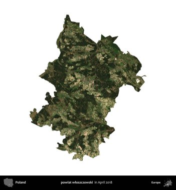 powiat wloszczowski. Polonya idari bölgesi, Nisan 2018 'de çekilen Kopernik Nöbetçi karolarından oluşan bir uydu görüntüsü üzerinde beyaza izole edildi.