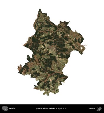 powiat wloszczowski. Polonya idari bölgesi, Nisan 2020 'de çekilen Kopernik Nöbetçi karolarından oluşan bir uydu görüntüsü üzerinde beyaza izole edildi.