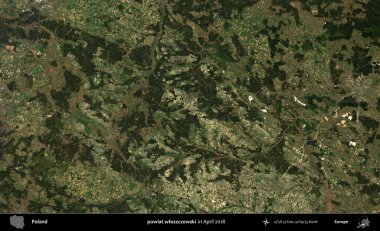 powiat wloszczowski. Nisan 2018 'de çekilen Kopernik Sentinel karolarından oluşan bir uydu görüntüsü üzerine Polonya' nın idari bölgesi