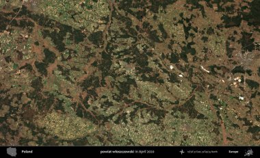 powiat wloszczowski. Nisan 2020 'de Copernicus Sentinel karolarından oluşan bir uydu görüntüsü üzerine Polonya' nın idari bölgesi