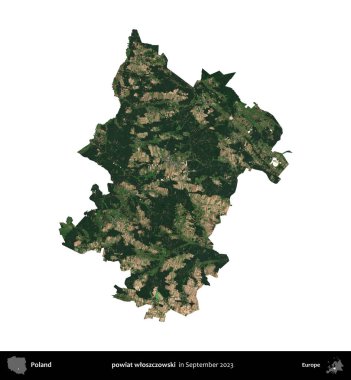 powiat wloszczowski. Polonya idari bölgesi, Eylül 2023 'te çekilen Kopernik Nöbetçi karolarından oluşan bir uydu görüntüsü üzerinde beyaza izole edildi.