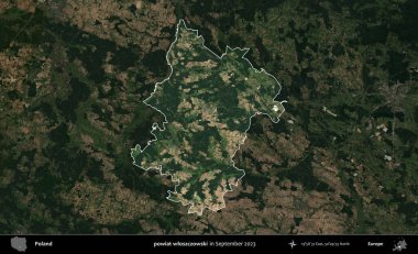 powiat wloszczowski. Polonya 'nın idari alanı, Eylül 2023' te çekilen Kopernik Nöbetçi karolarından oluşan koyu renkli bir uydu görüntüsü üzerine vurgulandı ve özetlendi.