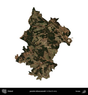 powiat wloszczowski. Polonya idari bölgesi, Mart 2025 'te çekilen Kopernik Nöbetçi karolarından oluşan bir uydu görüntüsü üzerinde beyaza izole edildi.