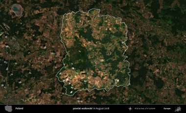 powiat wolowski. Polonya 'nın idari alanı, Ağustos 2018' de çekilen Kopernik Nöbetçi karolarından oluşan koyu renkli bir uydu görüntüsü üzerine vurgulandı ve özetlendi
