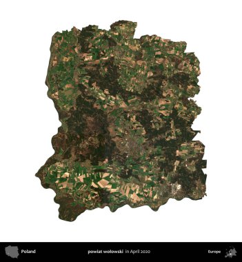 powiat wolowski. Polonya idari bölgesi, Nisan 2020 'de çekilen Kopernik Nöbetçi karolarından oluşan bir uydu görüntüsü üzerinde beyaza izole edildi.