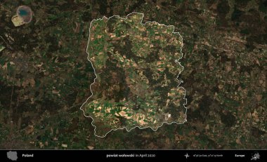powiat wolowski. Polonya 'nın idari alanı, Nisan 2020' de çekilen Kopernik Nöbetçi karolarından oluşan koyu renkli bir uydu görüntüsü üzerine vurgulandı ve özetlendi