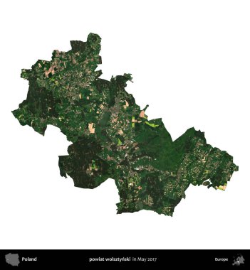 powiat wolsztynski. Polonya idari bölgesi, Mayıs 2017 'de çekilen Kopernik Nöbetçi karolarından oluşan bir uydu görüntüsü üzerinde beyaza izole edildi.