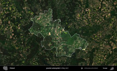 powiat wolsztynski. Polonya 'nın idari alanı, Mayıs 2017' de çekilen Kopernik Nöbetçi karolarından oluşan koyu renkli bir uydu görüntüsü üzerinde vurgulandı ve özetlendi.