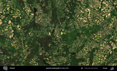 powiat wolsztynski. Copernicus Sentinel 'in Mayıs 2018' de çekilmiş uydu görüntüsü üzerine Polonya 'nın idari bölgesi.
