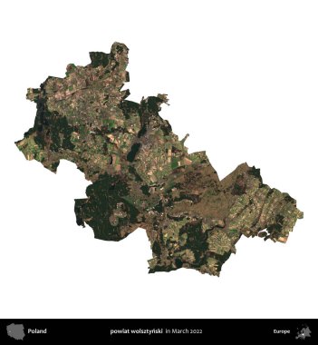 powiat wolsztynski. Polonya idari bölgesi, Mart 2022 'de çekilen Kopernik Nöbetçi karolarından oluşan bir uydu görüntüsü üzerinde beyaza izole edildi.