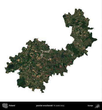 powiat wroclawski. Polonya idari bölgesi, Haziran 2023 'te çekilen Kopernik Nöbetçi karolarından oluşan bir uydu görüntüsü üzerinde beyaza izole edildi.