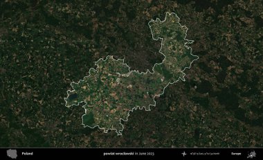 powiat wroclawski. Polonya 'nın idari alanı, Haziran 2023' te çekilen Kopernik Nöbetçi karolarından oluşan koyu renkli bir uydu görüntüsü üzerine vurgulandı ve özetlendi.