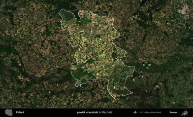 powiat wrzesinski. Polonya 'nın idari alanı, Mayıs 2017' de çekilen Kopernik Nöbetçi karolarından oluşan koyu renkli bir uydu görüntüsü üzerinde vurgulandı ve özetlendi.