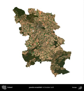 powiat wrzesinski. Polonya idari bölgesi, Ekim 2018 'de çekilen Kopernik Nöbetçi karolarından oluşan bir uydu görüntüsü üzerinde beyaza izole edildi.