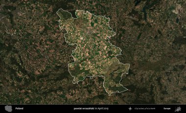 powiat wrzesinski. Polonya 'nın idari alanı, Nisan 2019' da çekilen Kopernik Nöbetçi karolarından oluşan koyu renkli bir uydu görüntüsü üzerine vurgulandı ve özetlendi.