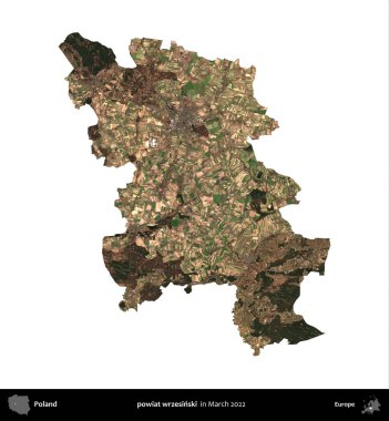 powiat wrzesinski. Polonya idari bölgesi, Mart 2022 'de çekilen Kopernik Nöbetçi karolarından oluşan bir uydu görüntüsü üzerinde beyaza izole edildi.