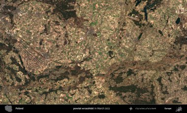 powiat wrzesinski. Copernicus Sentinel 'in Mart 2022' de çekilmiş uydu görüntüsü üzerine Polonya 'nın idari bölgesi.