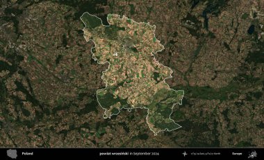 powiat wrzesinski. Polonya 'nın idari alanı, Eylül 2024' te çekilen Kopernik Nöbetçi karolarından oluşan koyu renkli bir uydu görüntüsü üzerine vurgulandı ve özetlendi